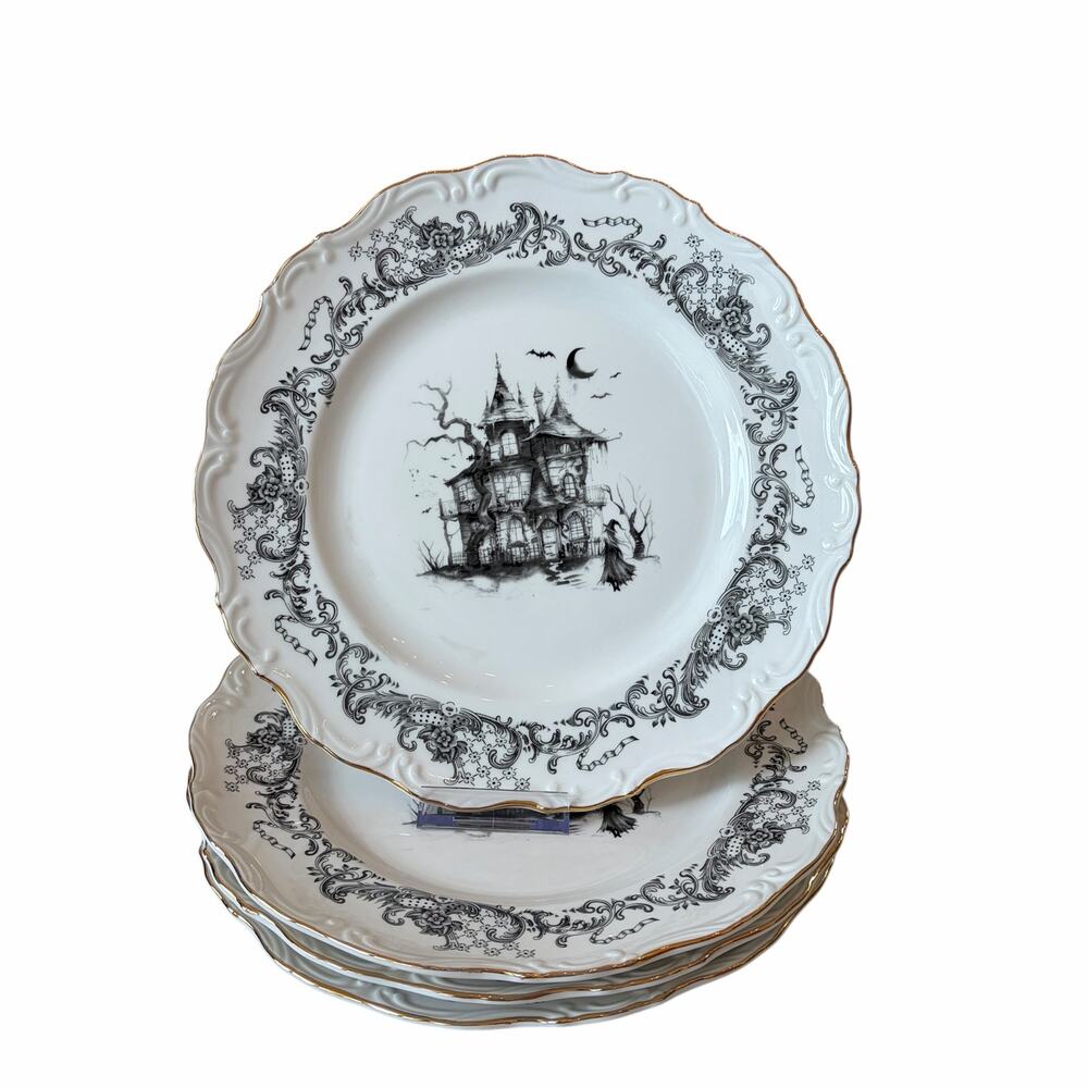 Monterey Bay Halloween Haunted House Dinner Plates 11in Porcelain Spooky NEW - Picture 9 of 15